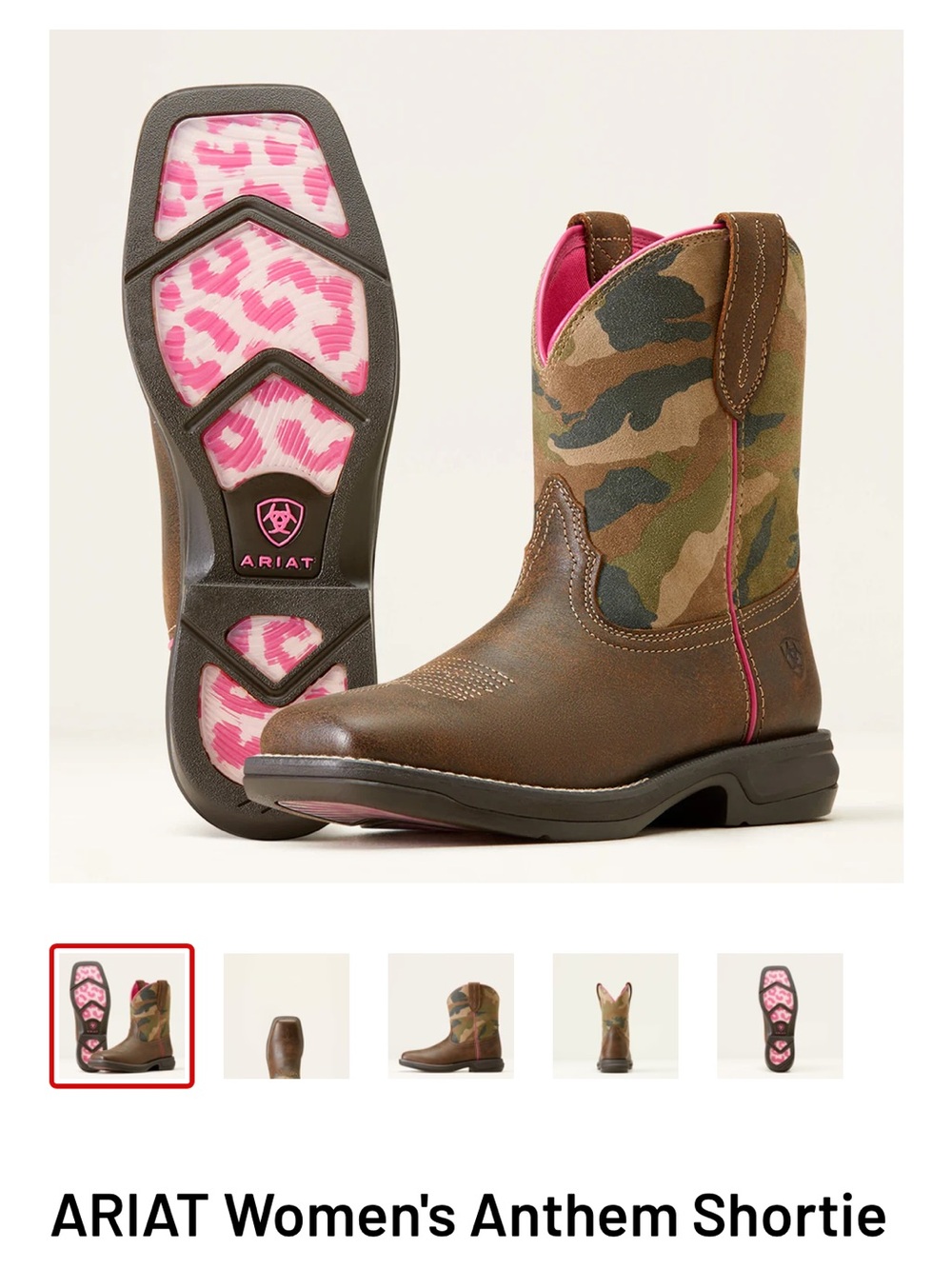 Ariat Brown Leather Camo Shortie Boots with Pink Accents